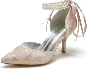 Womens Closed Toe Stiletto High Heels Wedding Shoes for Bride Pointed Toe Pearl Pumps Bridal Shoes Bowknot Strap Sandals Evening Dress Floral Satin,Pink,6