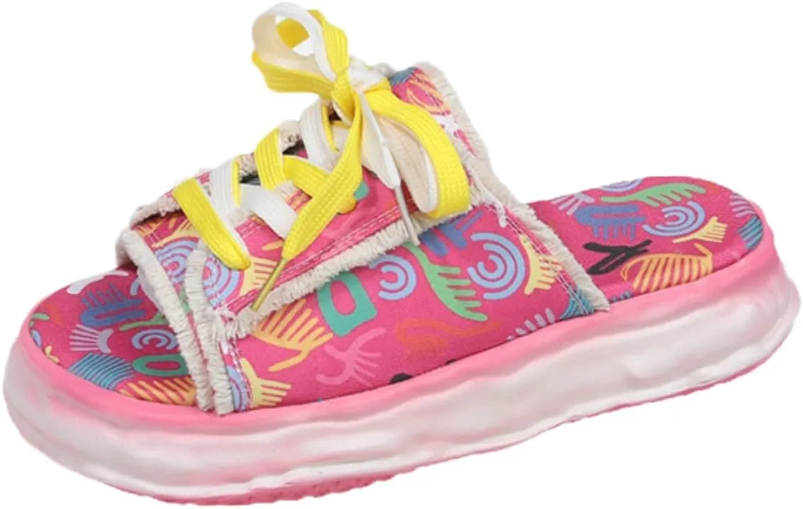 Women's Colorful Printed Cartoon Graffiti Platform Sandals Summer Outer Lace Up Design One Foot Stirrup Open Toe Thick Bottom Beach Slippers
