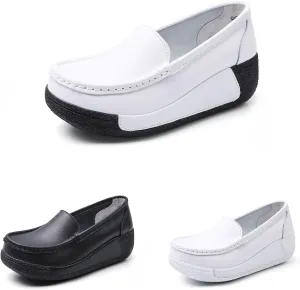 Women's Comfort Wedge Moccasins,Slip-On Low-Top Wedge Loafers,Soft Leather Platform Loafers,Nurse Shoes with Arch Support