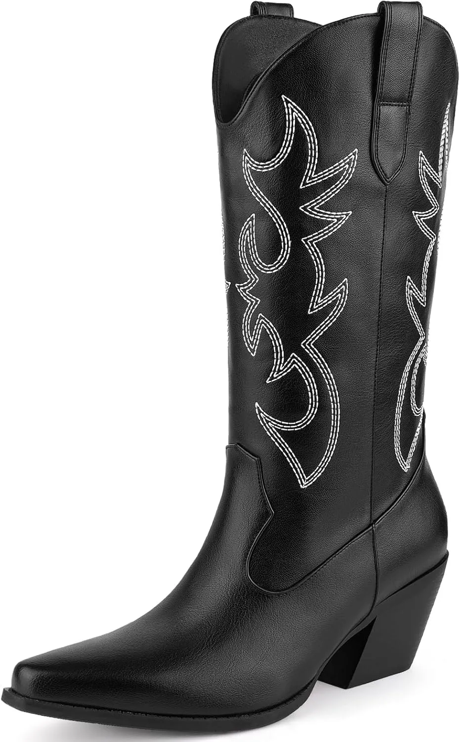 Women's Cowboy Boots Mid Calf Cowgirl Embroidered Western Pointed Toe Chunky Heel Pull On Mid Calf Boots