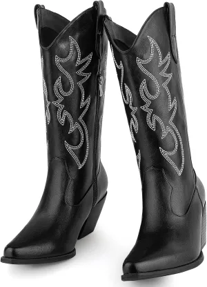 Women's Cowboy Boots Mid Calf Cowgirl Embroidered Western Pointed Toe Chunky Heel Pull On Mid Calf Boots