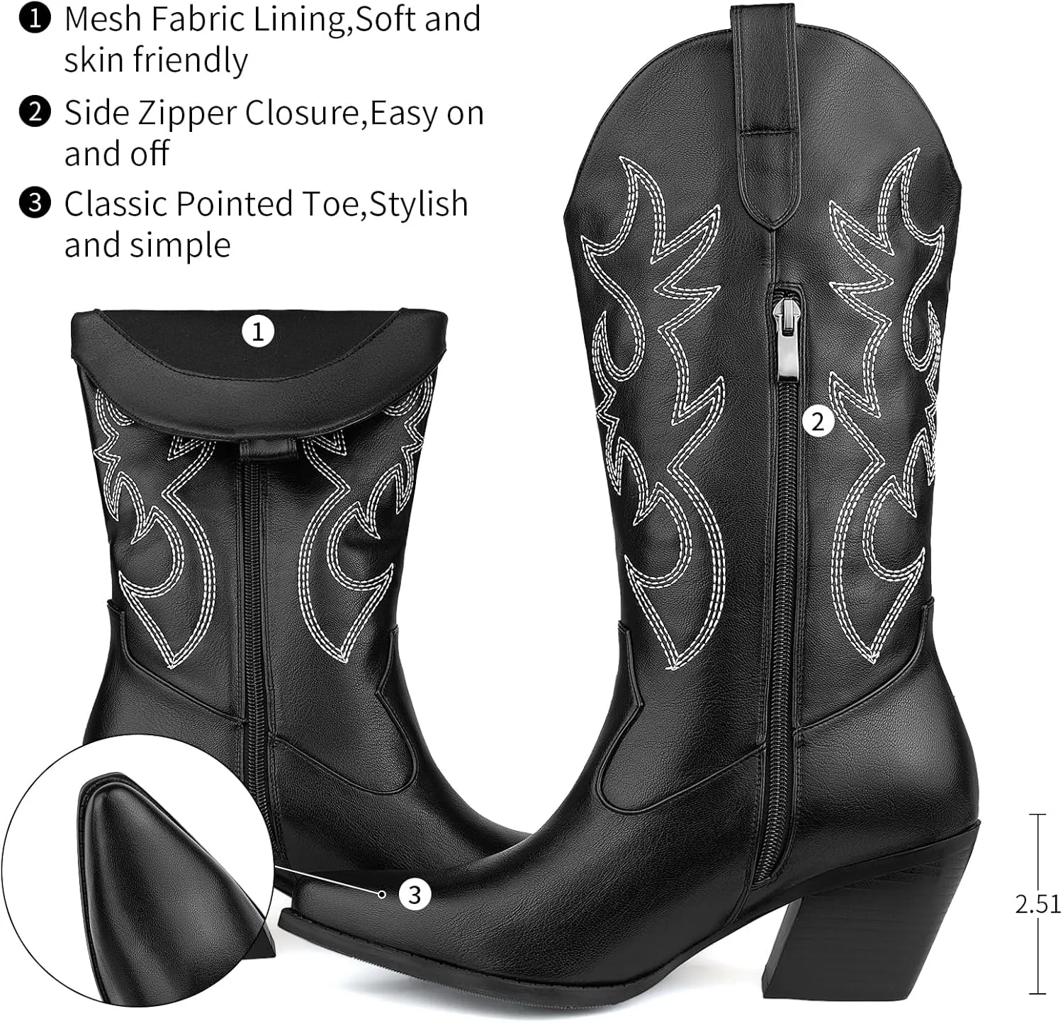 Women's Cowboy Boots Mid Calf Cowgirl Embroidered Western Pointed Toe Chunky Heel Pull On Mid Calf Boots