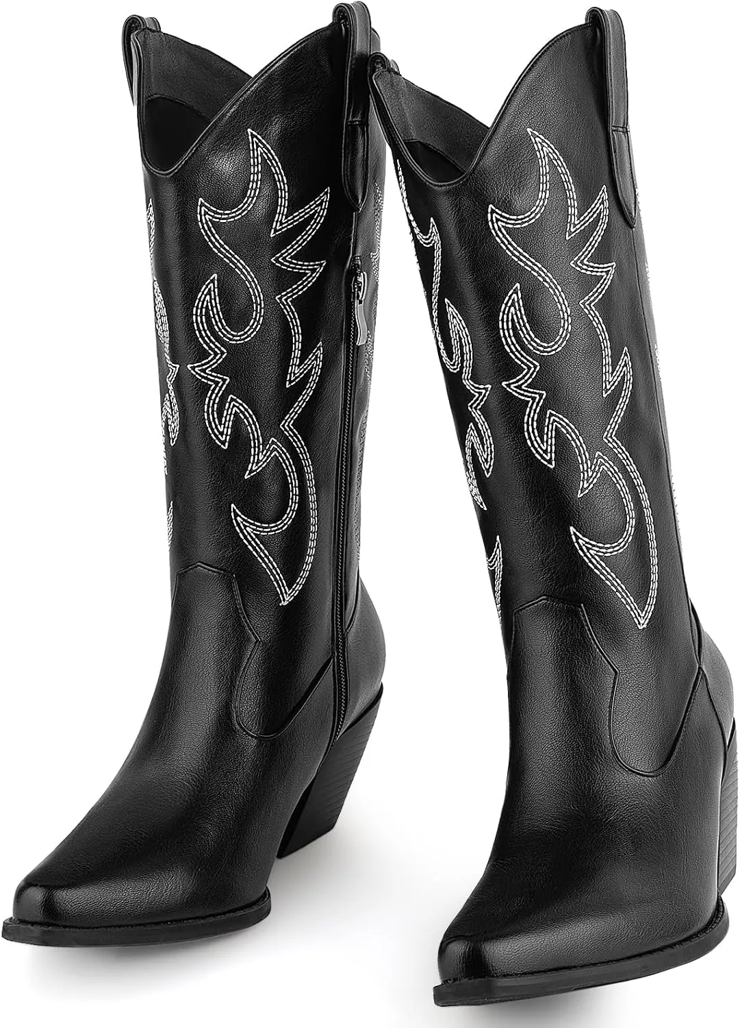 Women's Cowboy Boots Mid Calf Cowgirl Embroidered Western Pointed Toe Chunky Heel Pull On Mid Calf Boots