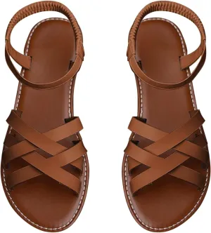 Womens Dressy Elastic Ankle Gladiator Sandals Back Zipper Comfy Roman Shoes Summer Cute Open Toe Slip On Cross Strappy Flat𝐬