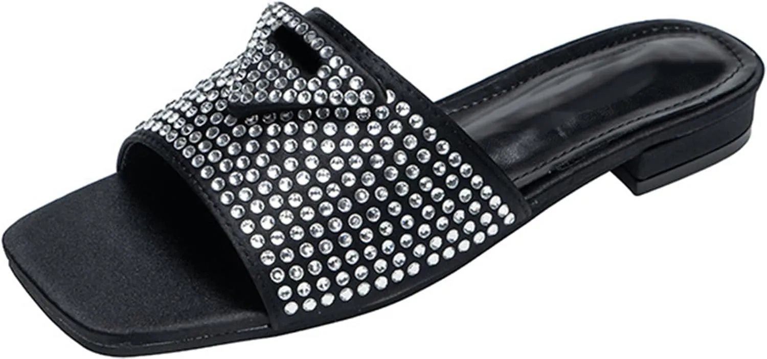 Women's Embroidered Slides Square Open Toe Sandals Casual Beach Flats Sandals