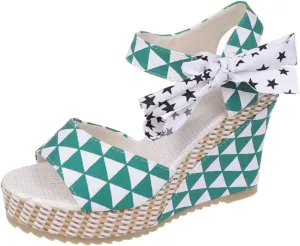 Womens Espadrille Wedges Sandals Heels Open Toe Tie Lace Up Platform Ankle Strap Summer Dress Shoes, Elegant Floral Classic Bowknot Wedge Sandals