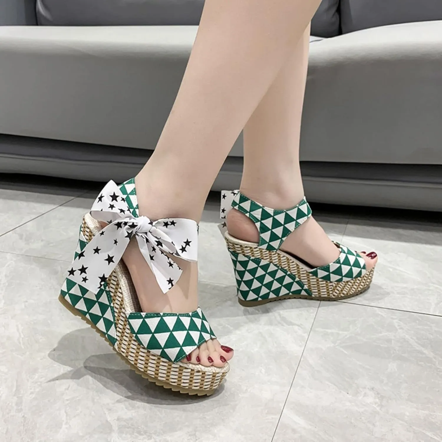Womens Espadrille Wedges Sandals Heels Open Toe Tie Lace Up Platform Ankle Strap Summer Dress Shoes, Elegant Floral Classic Bowknot Wedge Sandals