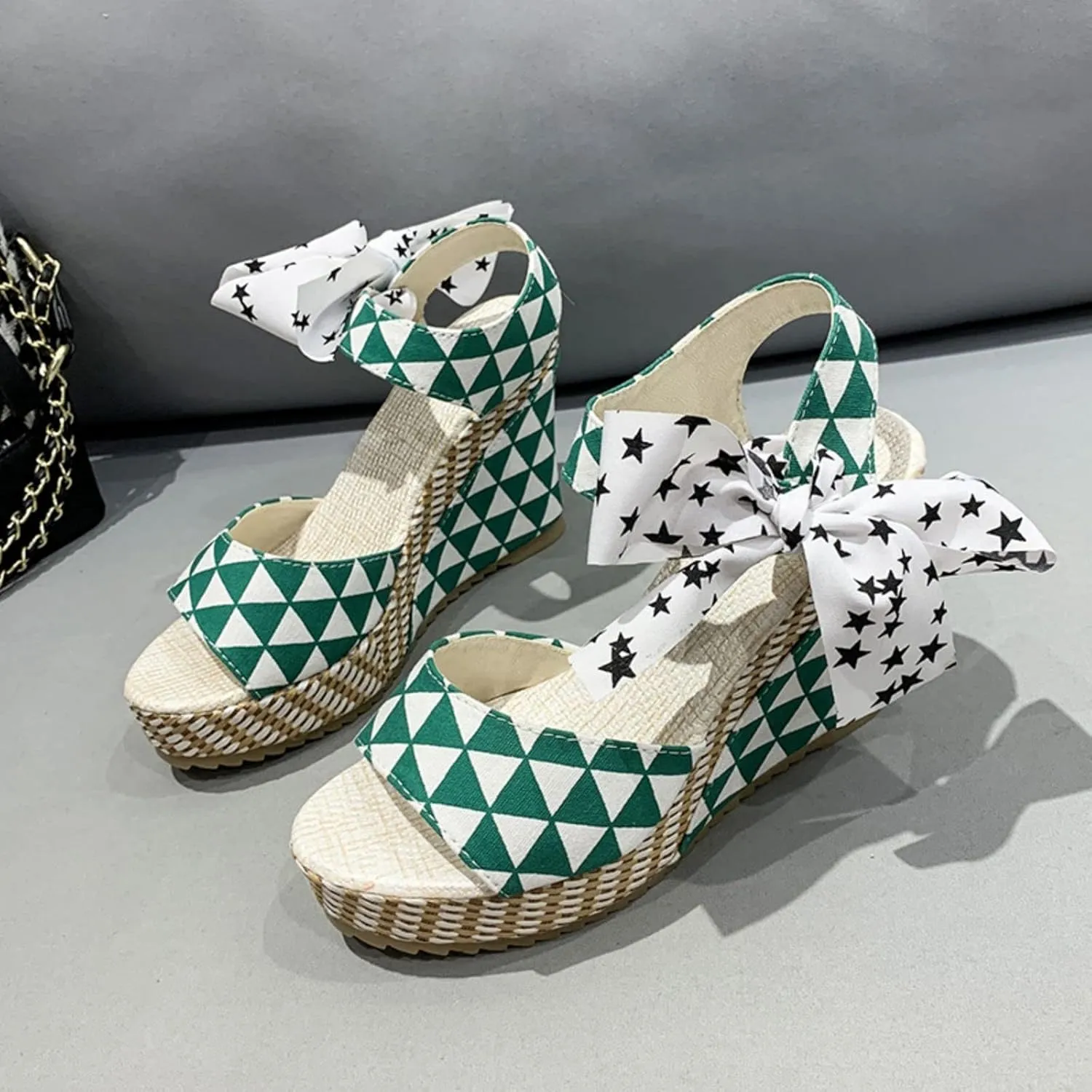Womens Espadrille Wedges Sandals Heels Open Toe Tie Lace Up Platform Ankle Strap Summer Dress Shoes, Elegant Floral Classic Bowknot Wedge Sandals