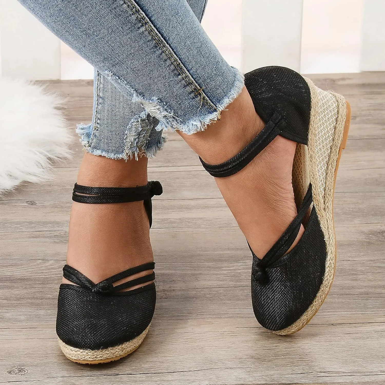 Women's Espadrilles Closed Toe Wedges Heels Sandals, Womens Close Toed Platform Wedge Shoes Comfortable Low Heel Canvas Dress Sandal for Outdoor Summer Beach with Ankle Strap