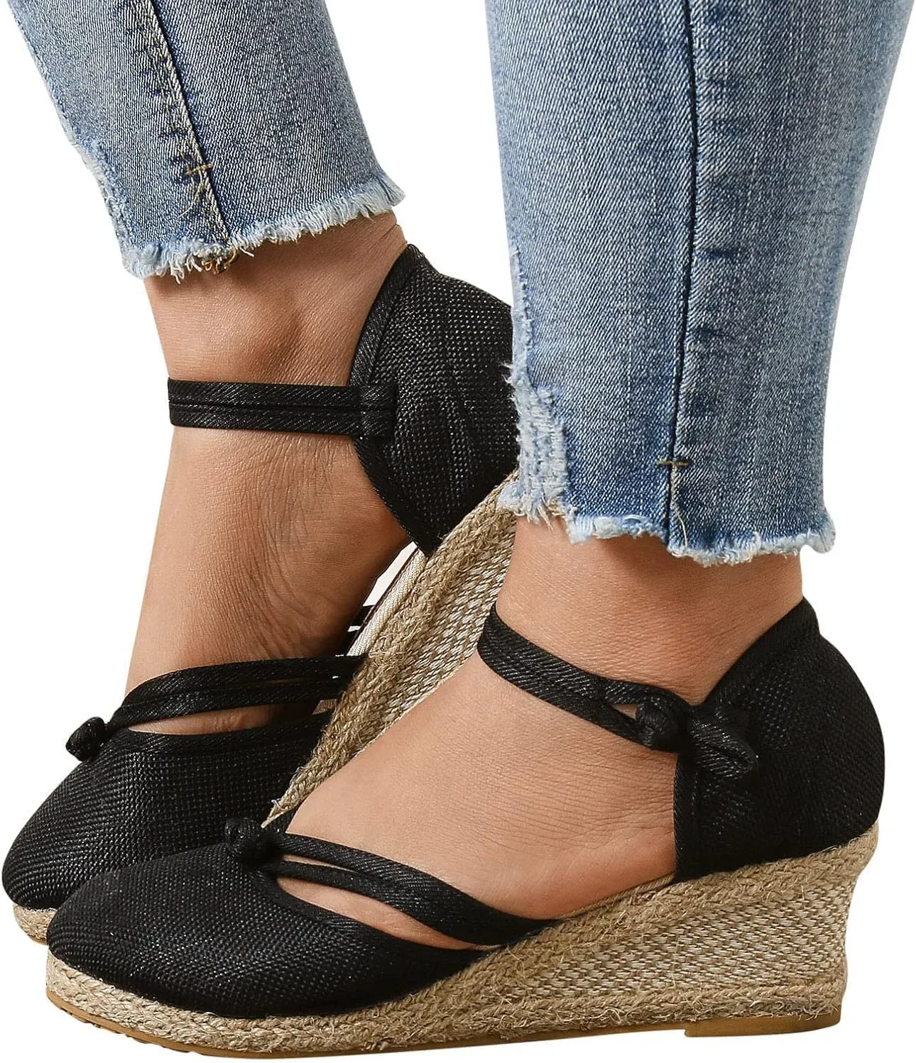 Women's Espadrilles Closed Toe Wedges Heels Sandals, Womens Close Toed Platform Wedge Shoes Comfortable Low Heel Canvas Dress Sandal for Outdoor Summer Beach with Ankle Strap