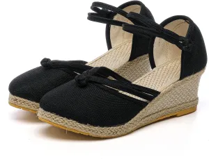 Women's Espadrilles Closed Toe Wedges Heels Sandals, Womens Close Toed Platform Wedge Shoes Comfortable Low Heel Canvas Dress Sandal for Outdoor Summer Beach with Ankle Strap