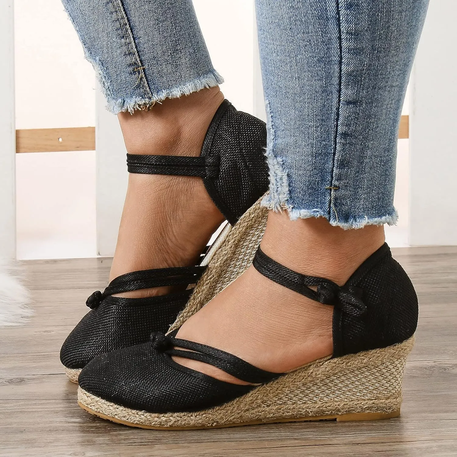 Women's Espadrilles Closed Toe Wedges Heels Sandals, Womens Close Toed Platform Wedge Shoes Comfortable Low Heel Canvas Dress Sandal for Outdoor Summer Beach with Ankle Strap