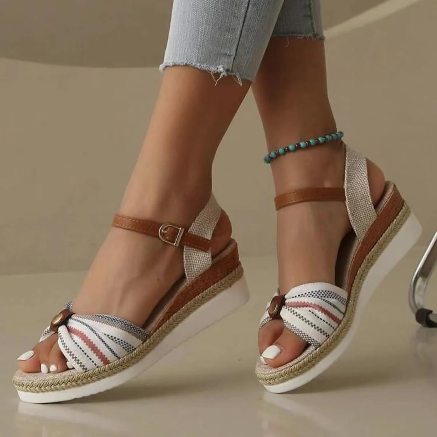 Women's Espadrilles Platform & Wedge Sandals Classic Bow Knot Open Toe Ankle Strap Retro Wedge Sandals 2024 Fashion Dress Shoes Arch Support Comfort Boho Beach Sandals