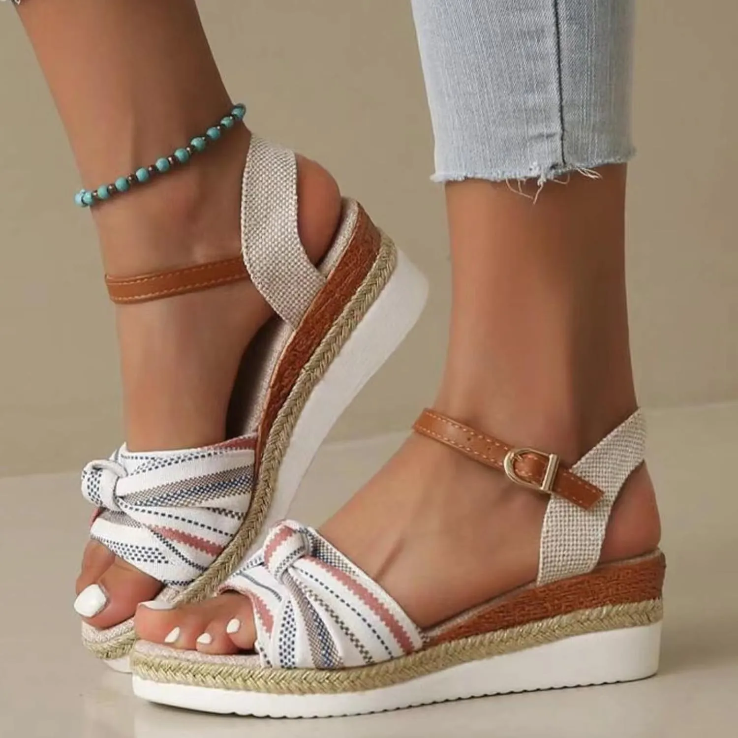 Women's Espadrilles Platform & Wedge Sandals Classic Bow Knot Open Toe Ankle Strap Retro Wedge Sandals 2024 Fashion Dress Shoes Arch Support Comfort Boho Beach Sandals