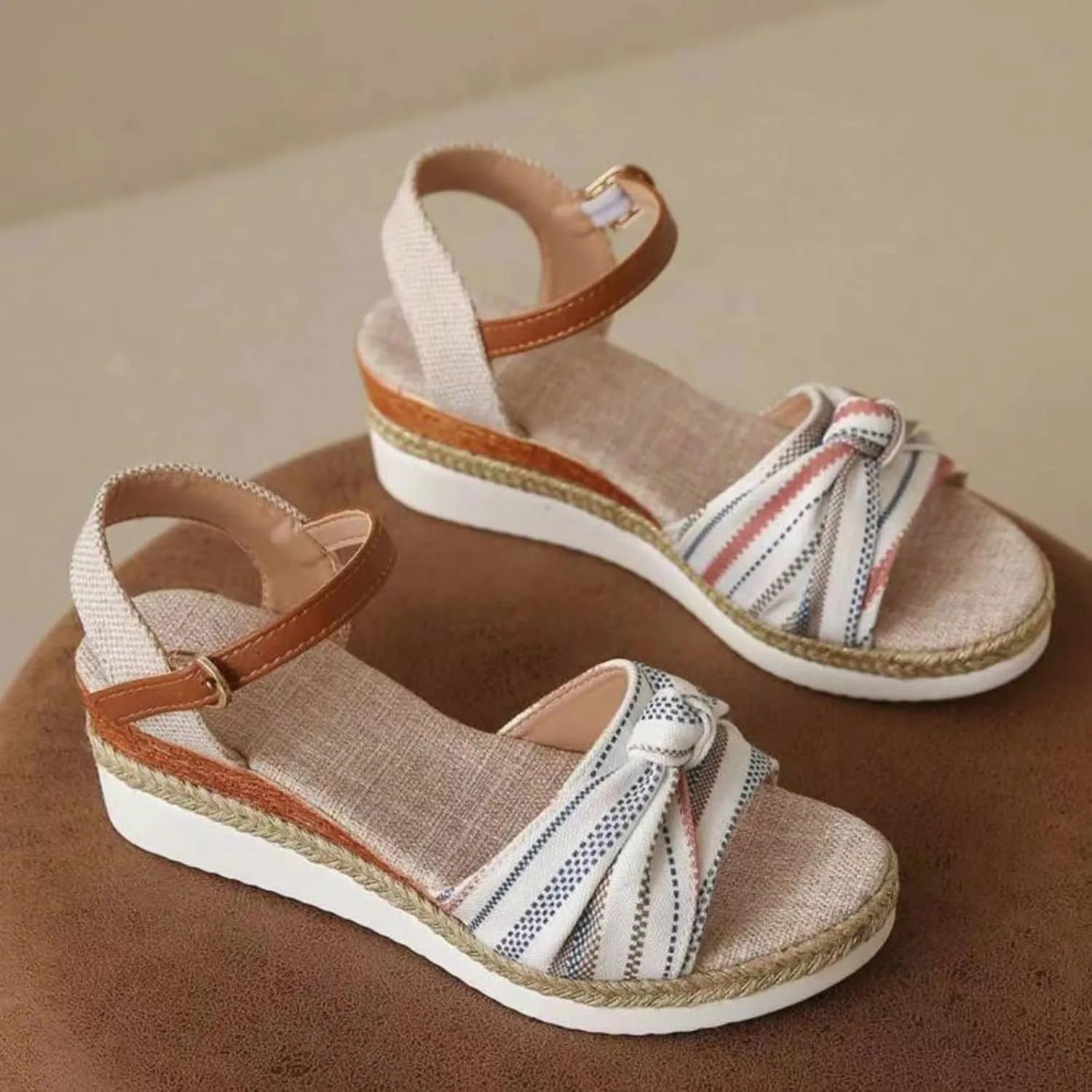 Women's Espadrilles Platform & Wedge Sandals Classic Bow Knot Open Toe Ankle Strap Retro Wedge Sandals 2024 Fashion Dress Shoes Arch Support Comfort Boho Beach Sandals