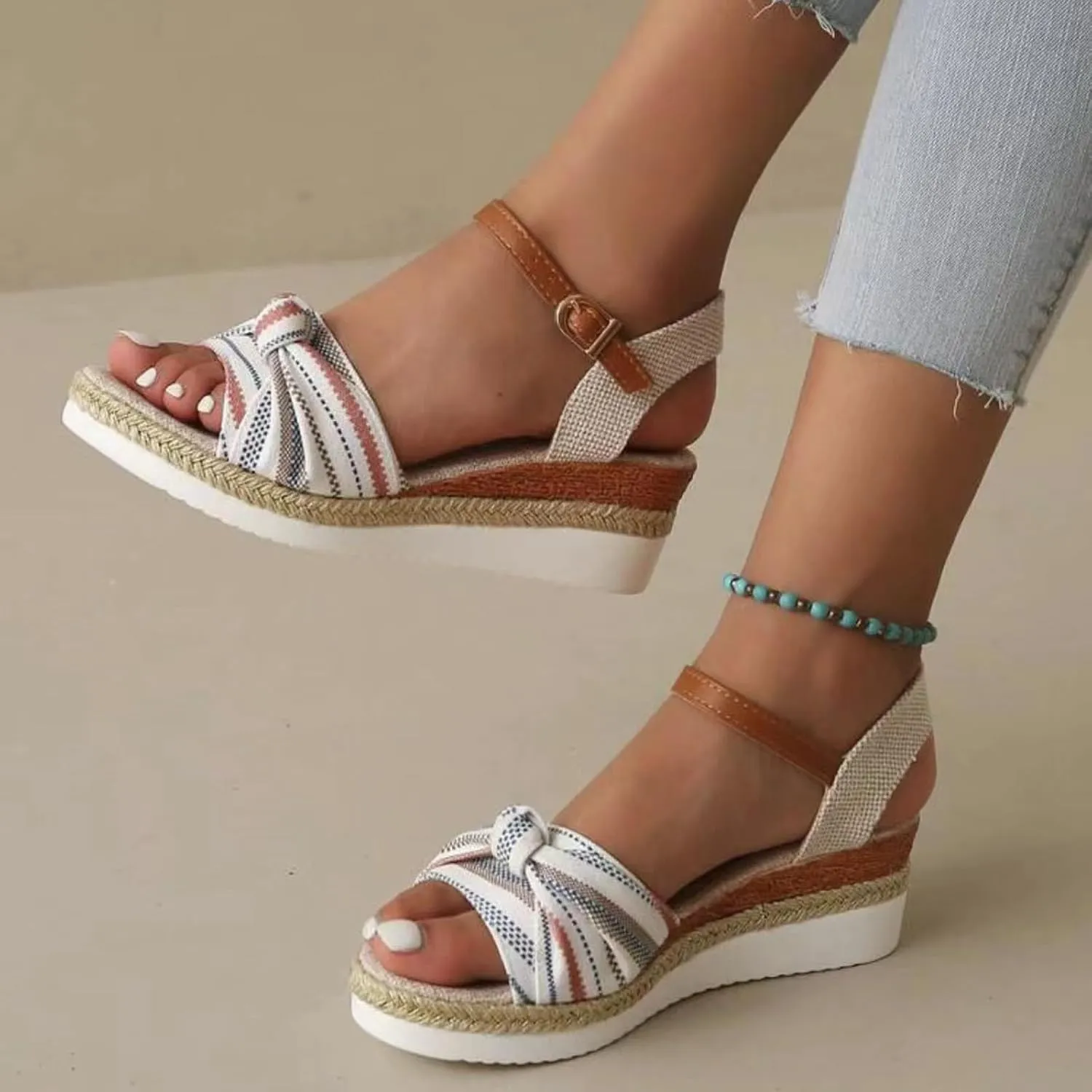 Women's Espadrilles Platform & Wedge Sandals Classic Bow Knot Open Toe Ankle Strap Retro Wedge Sandals 2024 Fashion Dress Shoes Arch Support Comfort Boho Beach Sandals
