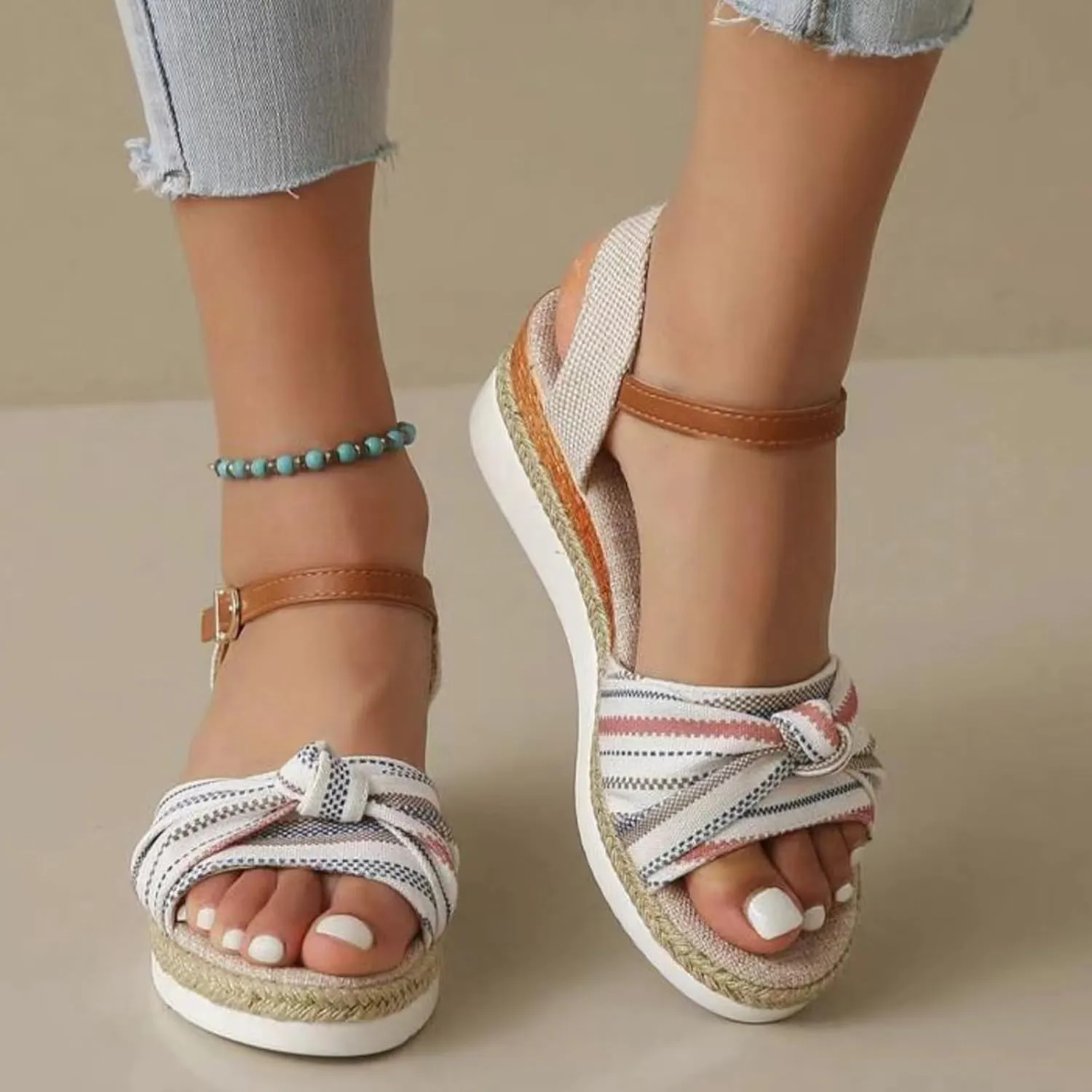 Women's Espadrilles Platform & Wedge Sandals Classic Bow Knot Open Toe Ankle Strap Retro Wedge Sandals 2024 Fashion Dress Shoes Arch Support Comfort Boho Beach Sandals