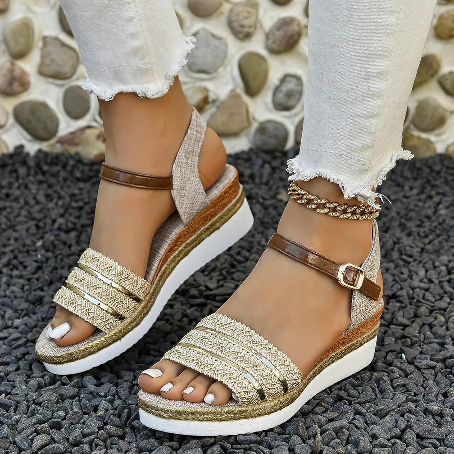 Women's Espadrilles Wedge Sandals Open Toe Ankle Strappy Vintage Lightweight Platform Sandals 2024 Fashion Trendy Stylish Summer Dress Shoes