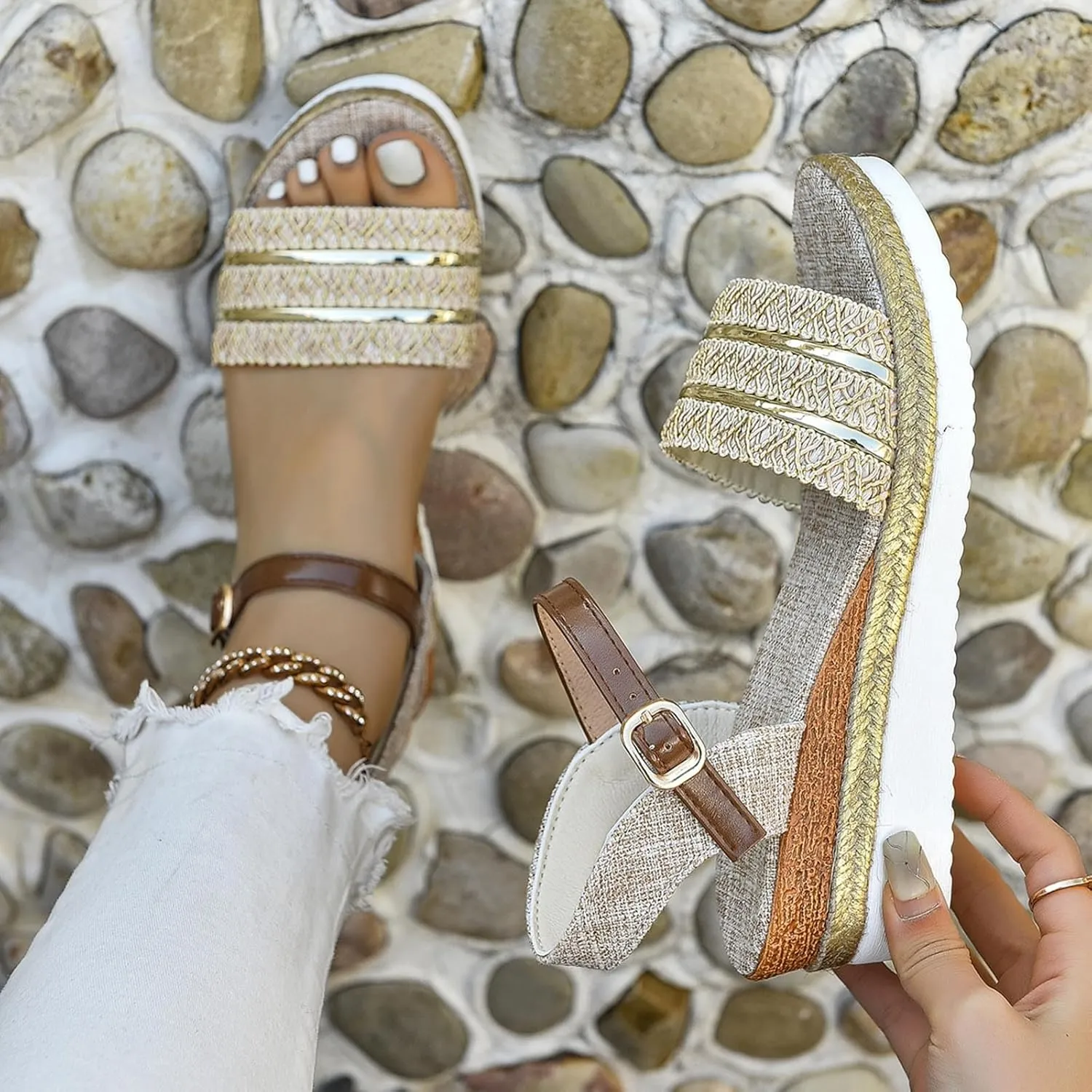 Women's Espadrilles Wedge Sandals Open Toe Ankle Strappy Vintage Lightweight Platform Sandals 2024 Fashion Trendy Stylish Summer Dress Shoes