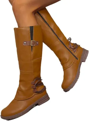 Women's Fashion Knee High Boots Side Zipper Motorcycle Boots Round Toe Chunky Low Heel Buckles Biker Riding Boots Fall Winter Dressy Boot Comfy Warm Platform Long Boots Wide Calf Boots