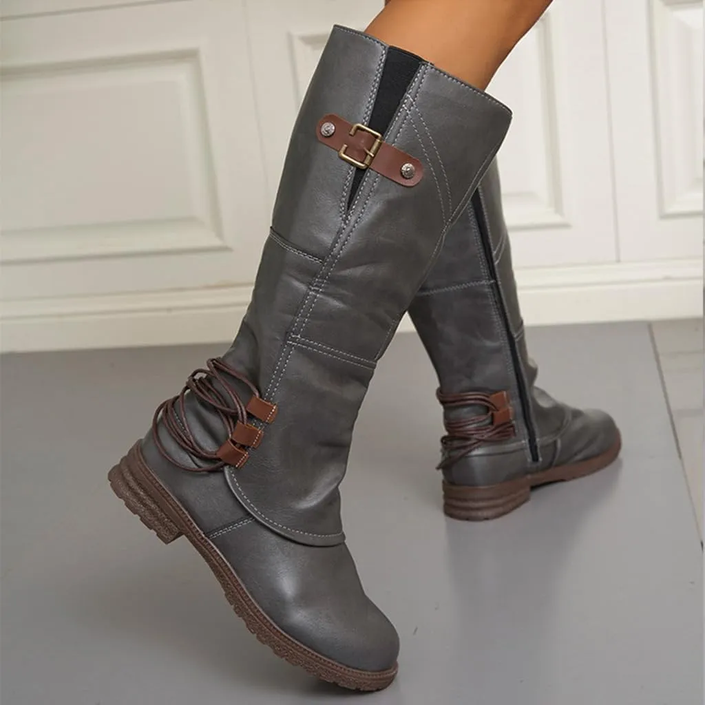 Women's Fashion Knee High Boots Side Zipper Motorcycle Boots Round Toe Chunky Low Heel Buckles Biker Riding Boots Fall Winter Dressy Boot Comfy Warm Platform Long Boots Wide Calf Boots