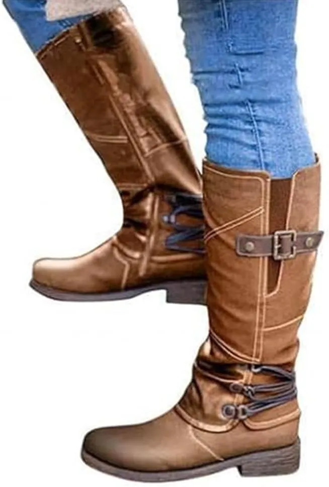 Women's Fashion Knee High Boots Side Zipper Motorcycle Boots Round Toe Chunky Low Heel Buckles Biker Riding Boots Fall Winter Dressy Boot Comfy Warm Platform Long Boots Wide Calf Boots