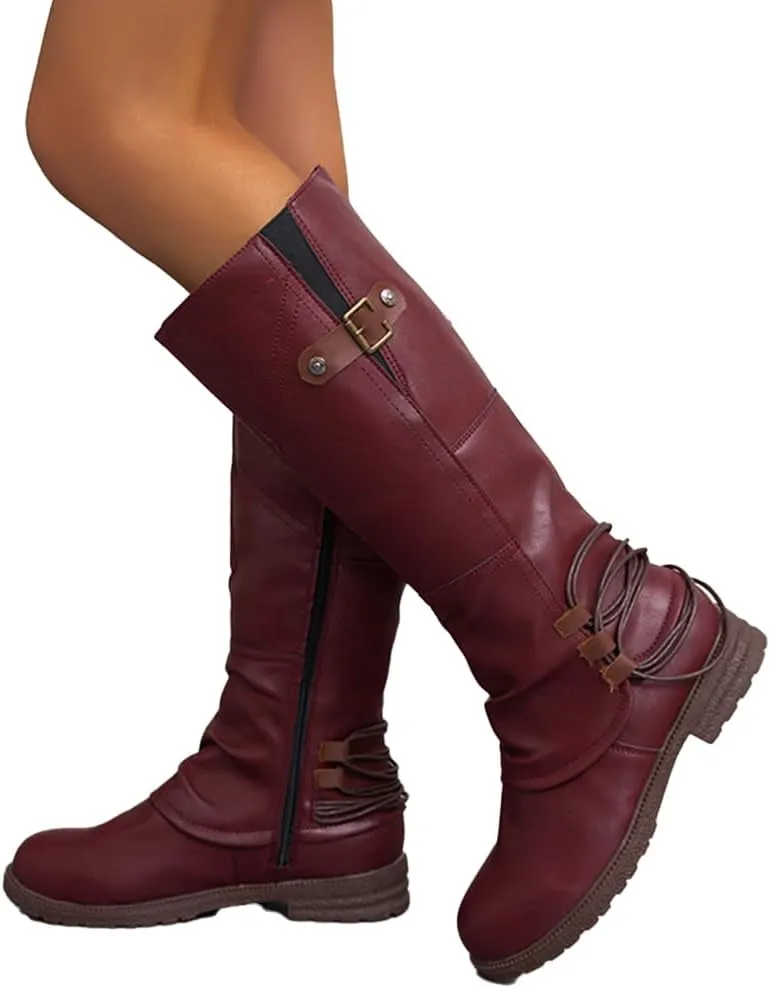 Women's Fashion Knee High Boots Side Zipper Motorcycle Boots Round Toe Chunky Low Heel Buckles Biker Riding Boots Fall Winter Dressy Boot Comfy Warm Platform Long Boots Wide Calf Boots