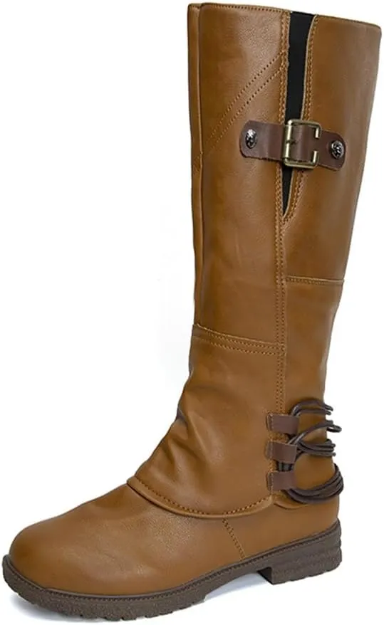 Women's Fashion Knee High Boots Side Zipper Motorcycle Boots Round Toe Chunky Low Heel Buckles Biker Riding Boots Fall Winter Dressy Boot Comfy Warm Platform Long Boots Wide Calf Boots