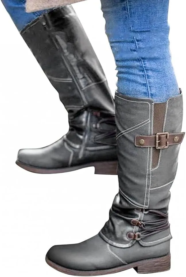 Women's Fashion Knee High Boots Side Zipper Motorcycle Boots Round Toe Chunky Low Heel Buckles Biker Riding Boots Fall Winter Dressy Boot Comfy Warm Platform Long Boots Wide Calf Boots