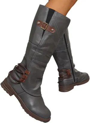 Women's Fashion Knee High Boots Side Zipper Motorcycle Boots Round Toe Chunky Low Heel Buckles Biker Riding Boots Fall Winter Dressy Boot Comfy Warm Platform Long Boots Wide Calf Boots