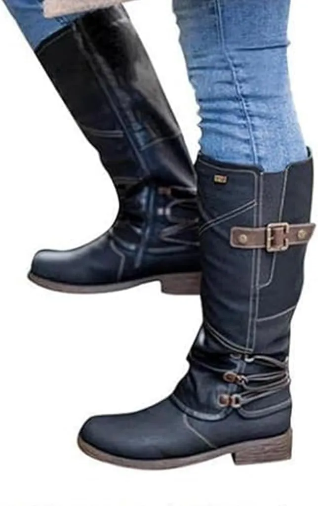 Women's Fashion Knee High Boots Side Zipper Motorcycle Boots Round Toe Chunky Low Heel Buckles Biker Riding Boots Fall Winter Dressy Boot Comfy Warm Platform Long Boots Wide Calf Boots