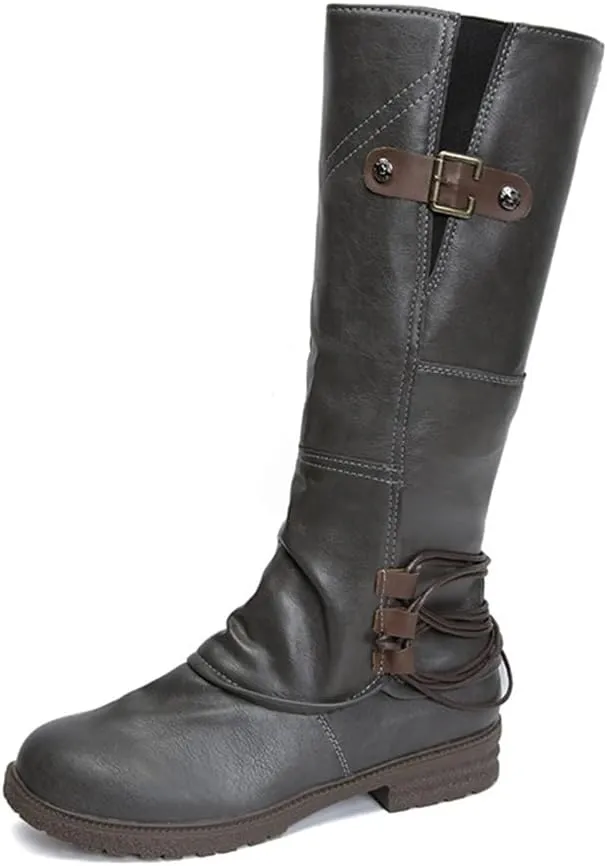 Women's Fashion Knee High Boots Side Zipper Motorcycle Boots Round Toe Chunky Low Heel Buckles Biker Riding Boots Fall Winter Dressy Boot Comfy Warm Platform Long Boots Wide Calf Boots