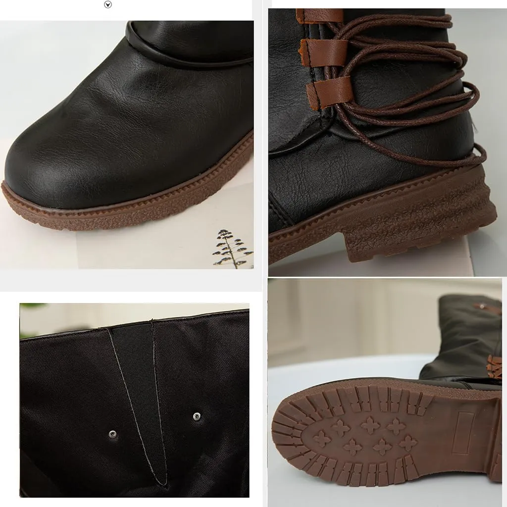 Women's Fashion Knee High Boots Side Zipper Motorcycle Boots Round Toe Chunky Low Heel Buckles Biker Riding Boots Fall Winter Dressy Boot Comfy Warm Platform Long Boots Wide Calf Boots