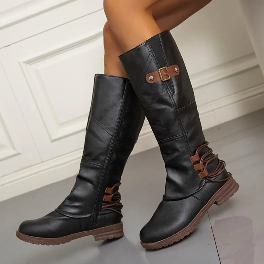 Women's Fashion Knee High Boots Side Zipper Motorcycle Boots Round Toe Chunky Low Heel Buckles Biker Riding Boots Fall Winter Dressy Boot Comfy Warm Platform Long Boots Wide Calf Boots