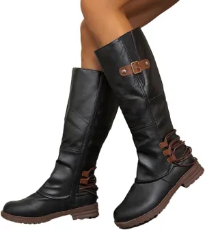 Women's Fashion Knee High Boots Side Zipper Motorcycle Boots Round Toe Chunky Low Heel Buckles Biker Riding Boots Fall Winter Dressy Boot Comfy Warm Platform Long Boots Wide Calf Boots
