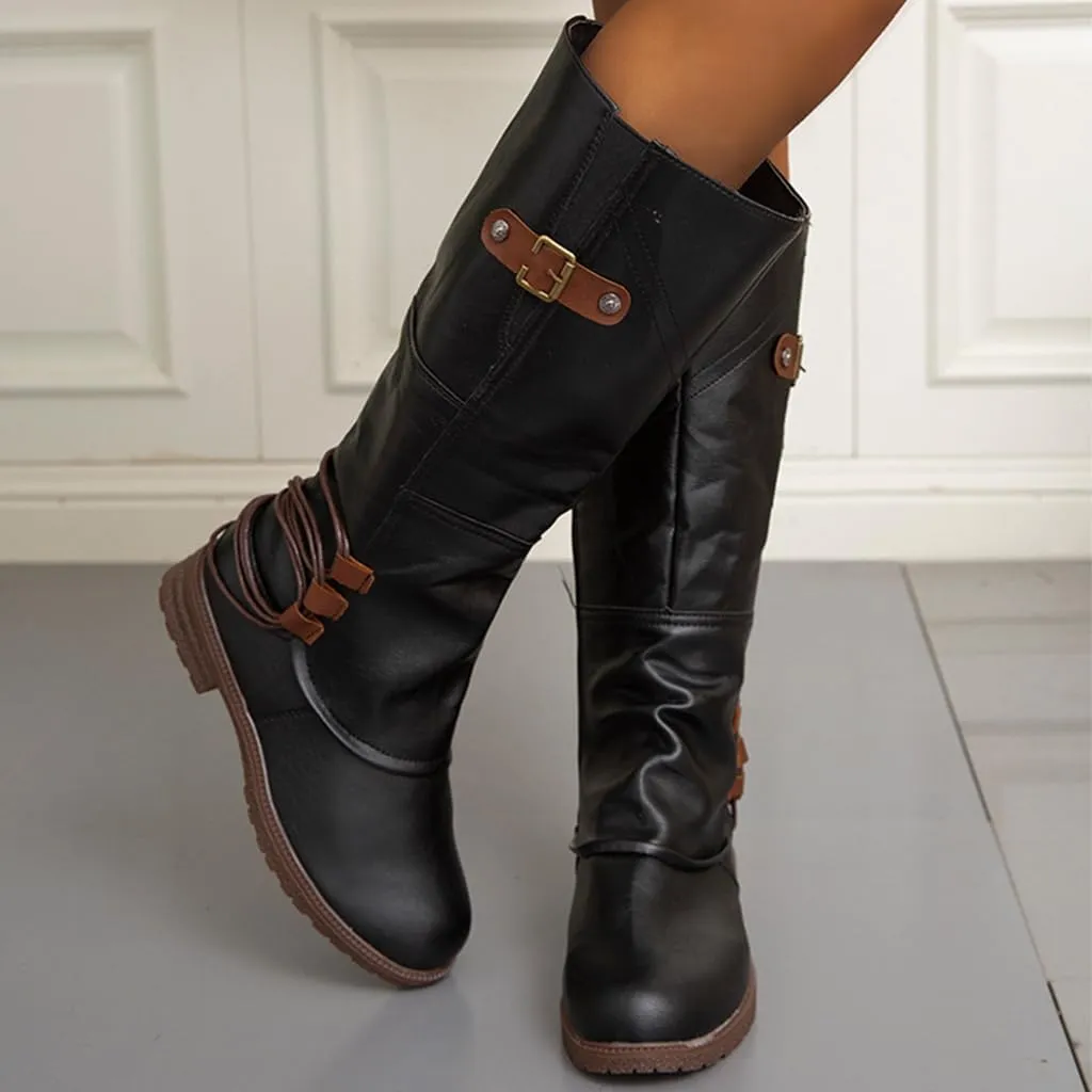 Women's Fashion Knee High Boots Side Zipper Motorcycle Boots Round Toe Chunky Low Heel Buckles Biker Riding Boots Fall Winter Dressy Boot Comfy Warm Platform Long Boots Wide Calf Boots
