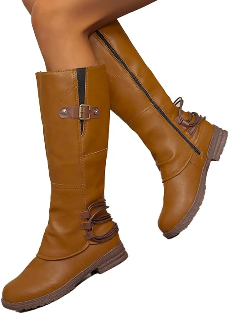 Women's Fashion Knee High Boots Side Zipper Motorcycle Boots Round Toe Chunky Low Heel Buckles Biker Riding Boots Fall Winter Dressy Boot Comfy Warm Platform Long Boots Wide Calf Boots