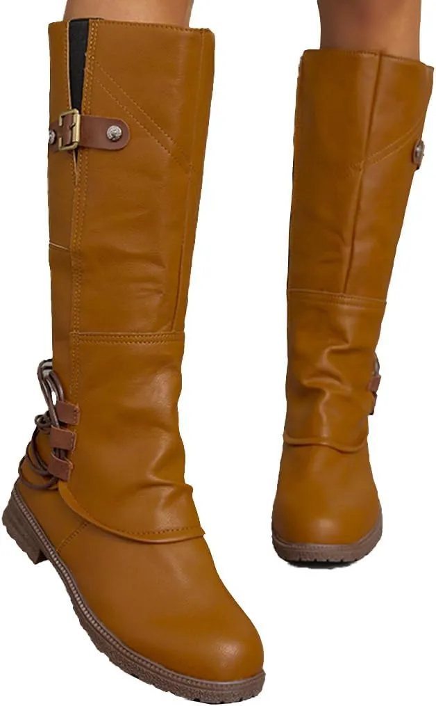 Women's Fashion Knee High Boots Side Zipper Motorcycle Boots Round Toe Chunky Low Heel Buckles Biker Riding Boots Fall Winter Dressy Boot Comfy Warm Platform Long Boots Wide Calf Boots