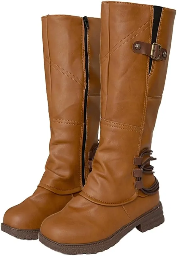 Women's Fashion Knee High Boots Side Zipper Motorcycle Boots Round Toe Chunky Low Heel Buckles Biker Riding Boots Fall Winter Dressy Boot Comfy Warm Platform Long Boots Wide Calf Boots