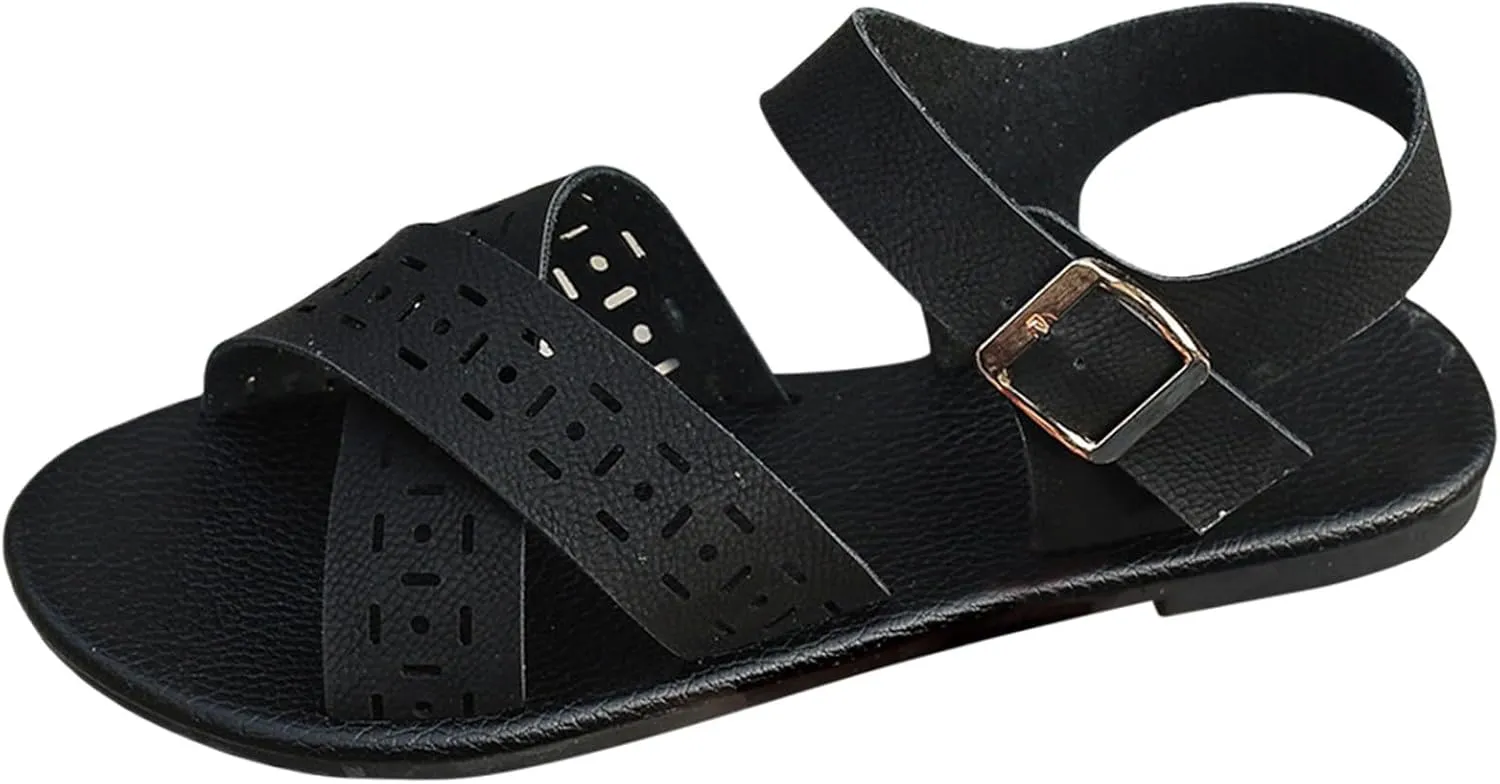 Women's Flat Sandals Comfortable Open Toe Casual Cross Strap Dress Sandal Leather Fish Mouth Flats Summer Wide Width Vacation Beach Shoes