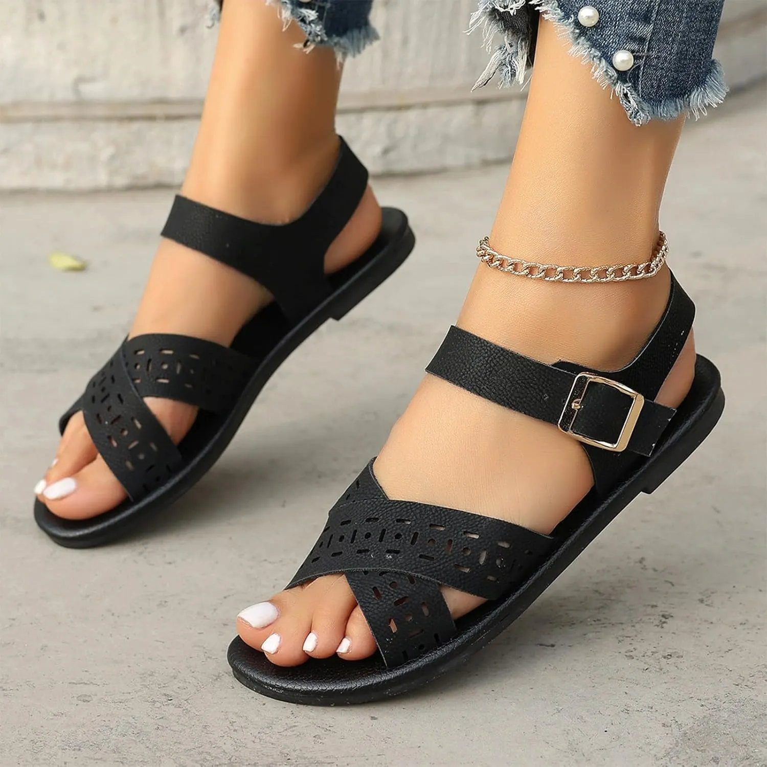 Women's Flat Sandals Comfortable Open Toe Casual Cross Strap Dress Sandal Leather Fish Mouth Flats Summer Wide Width Vacation Beach Shoes