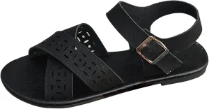 Women's Flat Sandals Comfortable Open Toe Casual Cross Strap Dress Sandal Leather Fish Mouth Flats Summer Wide Width Vacation Beach Shoes
