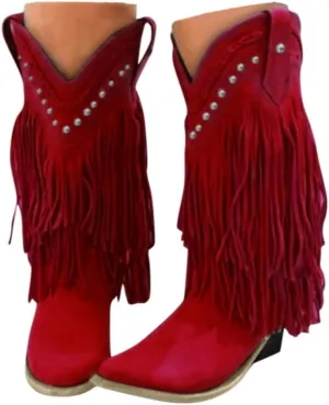Women's Fringe Western Boots Wide Calf Riding Cowgirl Cowboy Boots with Rivets Tassel Western Booties Low Heel Fringe Boots Cowgirl Boots Pointy Toe Winter Boots Pull On Knight Boots