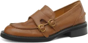 Women's Genuine Leather Round Toe Monk Strap Chunky Heel Handmade Loafers Shoes