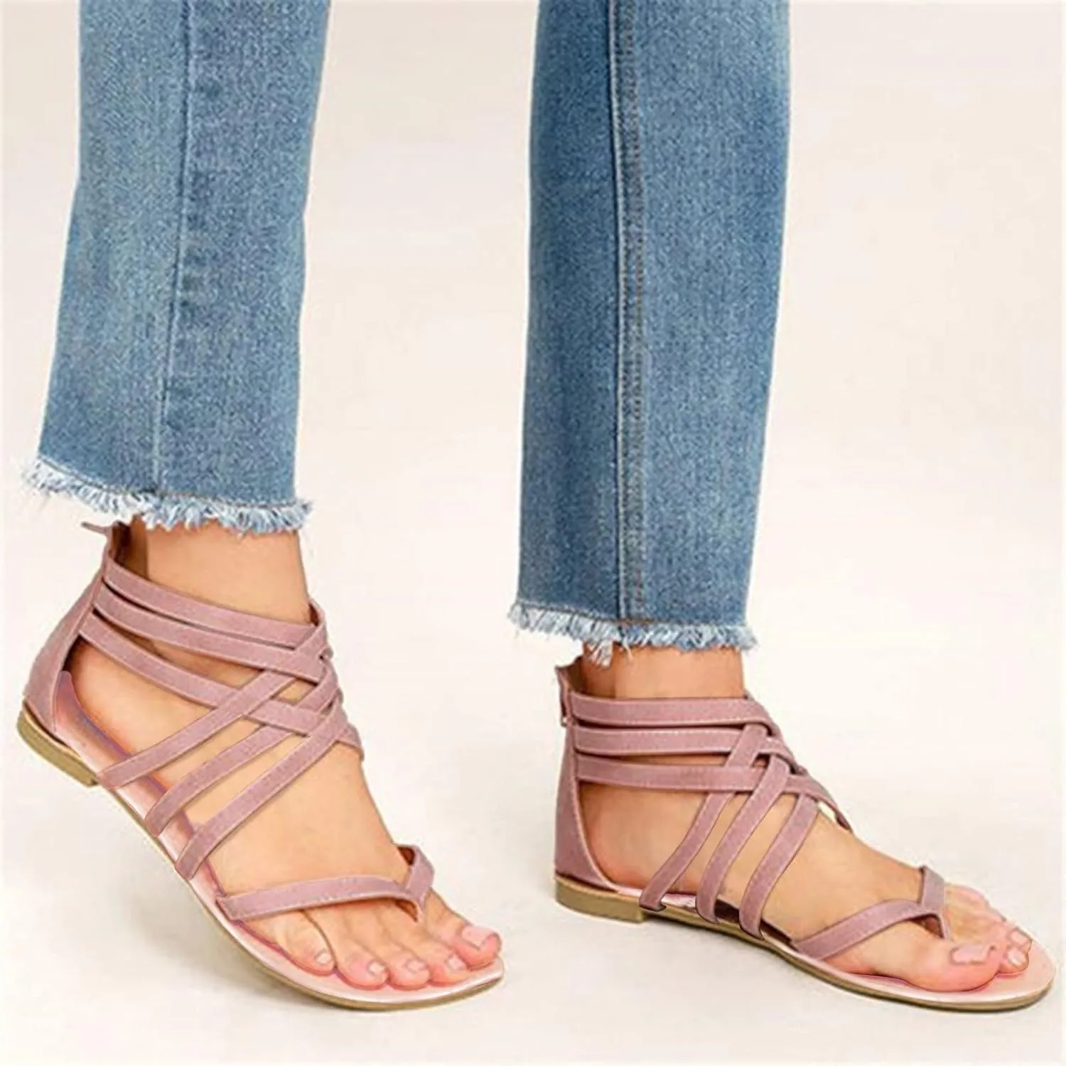 Women's Gladiator Sandals Comfortable Cross Strap Flats Dressy Summer Slip On Beach Slides Wide Width Open Toe Roman Sandals