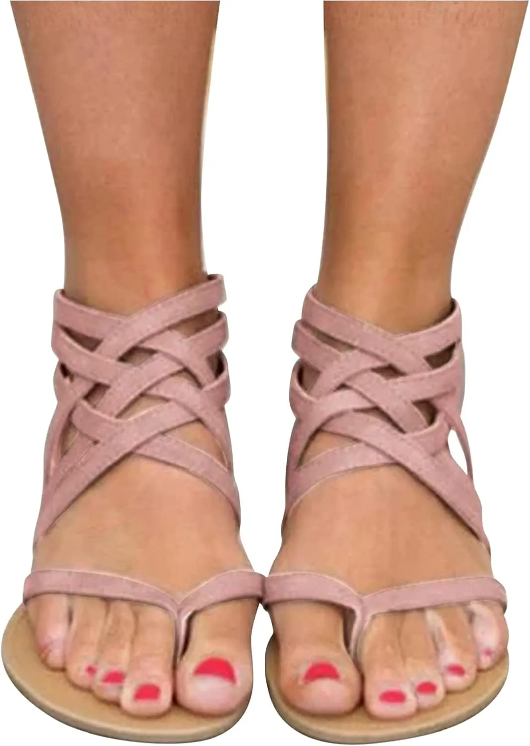 Women's Gladiator Sandals Comfortable Cross Strap Flats Dressy Summer Slip On Beach Slides Wide Width Open Toe Roman Sandals