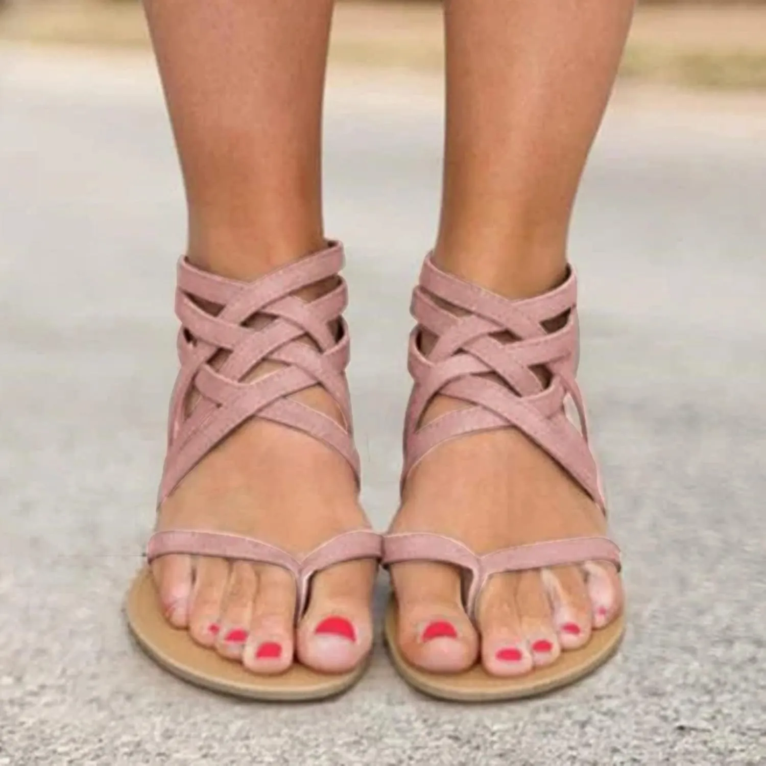 Women's Gladiator Sandals Comfortable Cross Strap Flats Dressy Summer Slip On Beach Slides Wide Width Open Toe Roman Sandals
