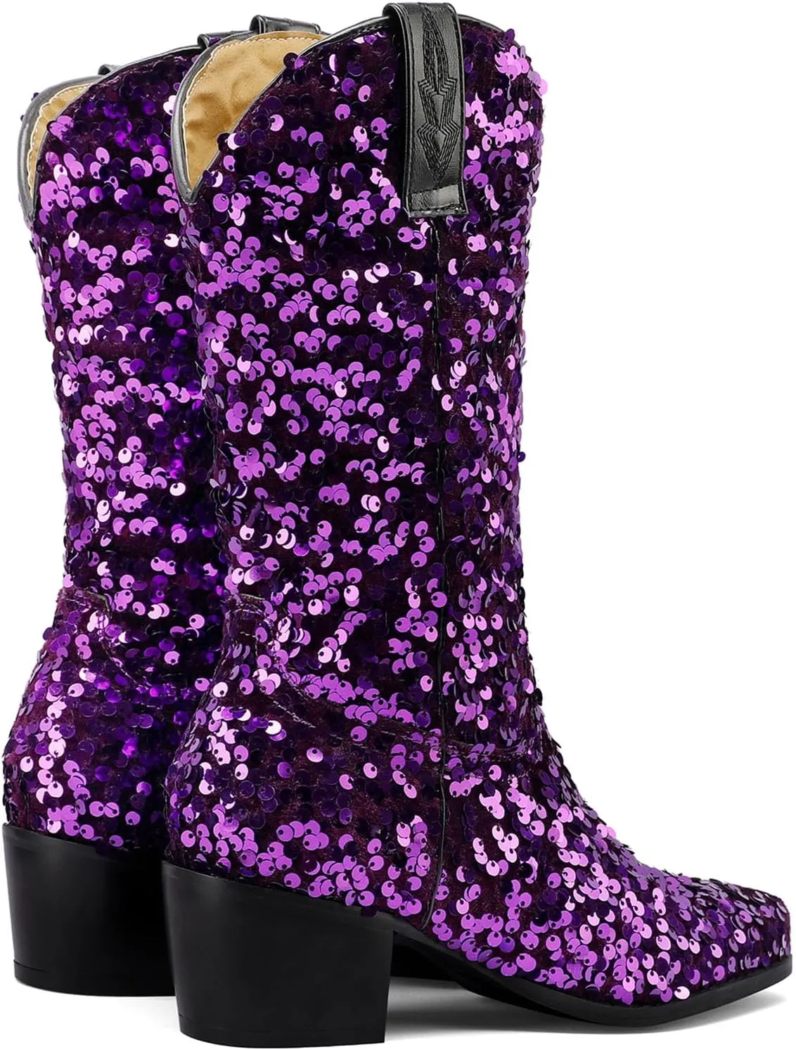 Women's Glitter Cowboy Boots Mid-Calf Chunky Heels Western Cowgirl Boots Sparkly Sequin Wedding Dress Shoes