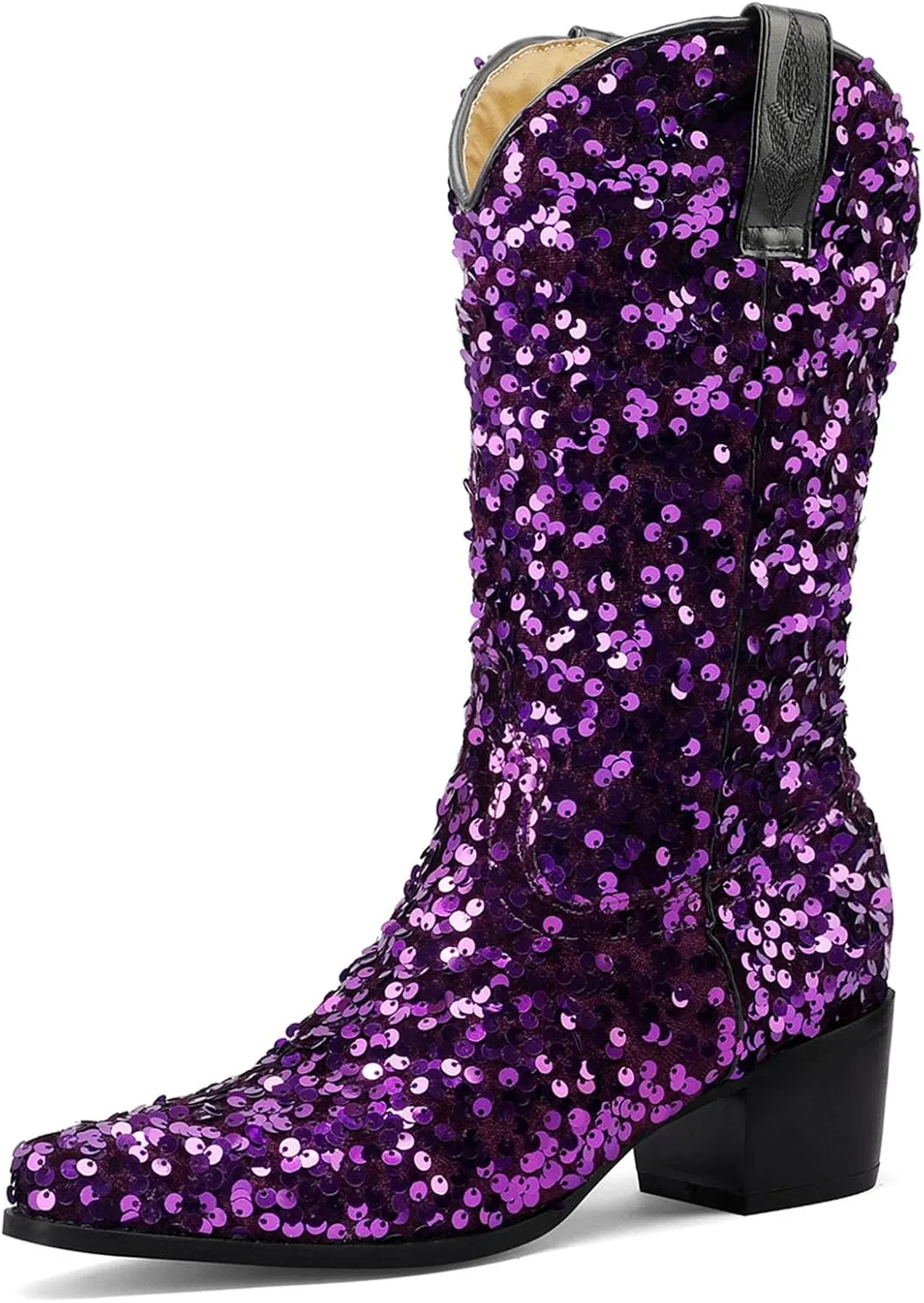 Women's Glitter Cowboy Boots Mid-Calf Chunky Heels Western Cowgirl Boots Sparkly Sequin Wedding Dress Shoes