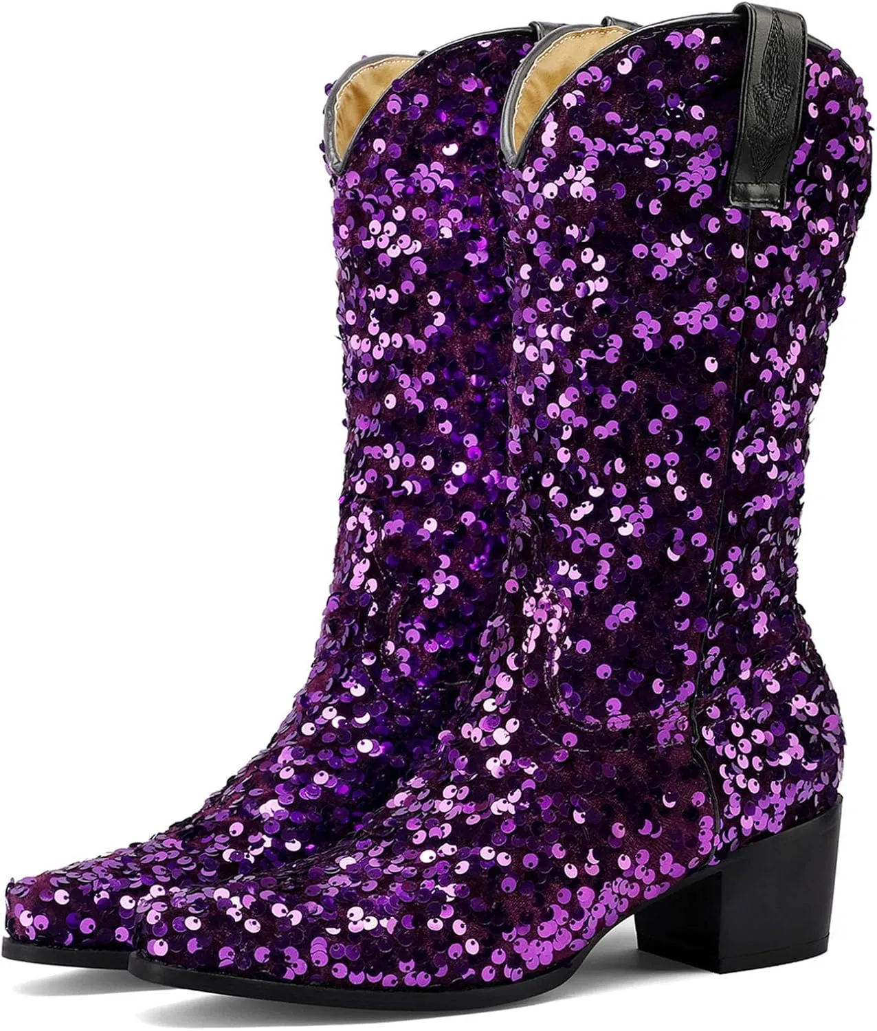 Women's Glitter Cowboy Boots Mid-Calf Chunky Heels Western Cowgirl Boots Sparkly Sequin Wedding Dress Shoes